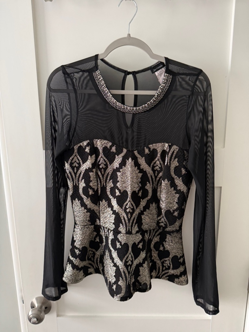 Embellished Black Mesh & Gold Brocade Peplum Top